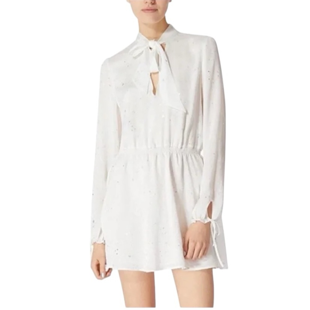 Avec Les Filles Long Sleeve Metallic Splatter Tie Crinkle Mini Dress White NWOT